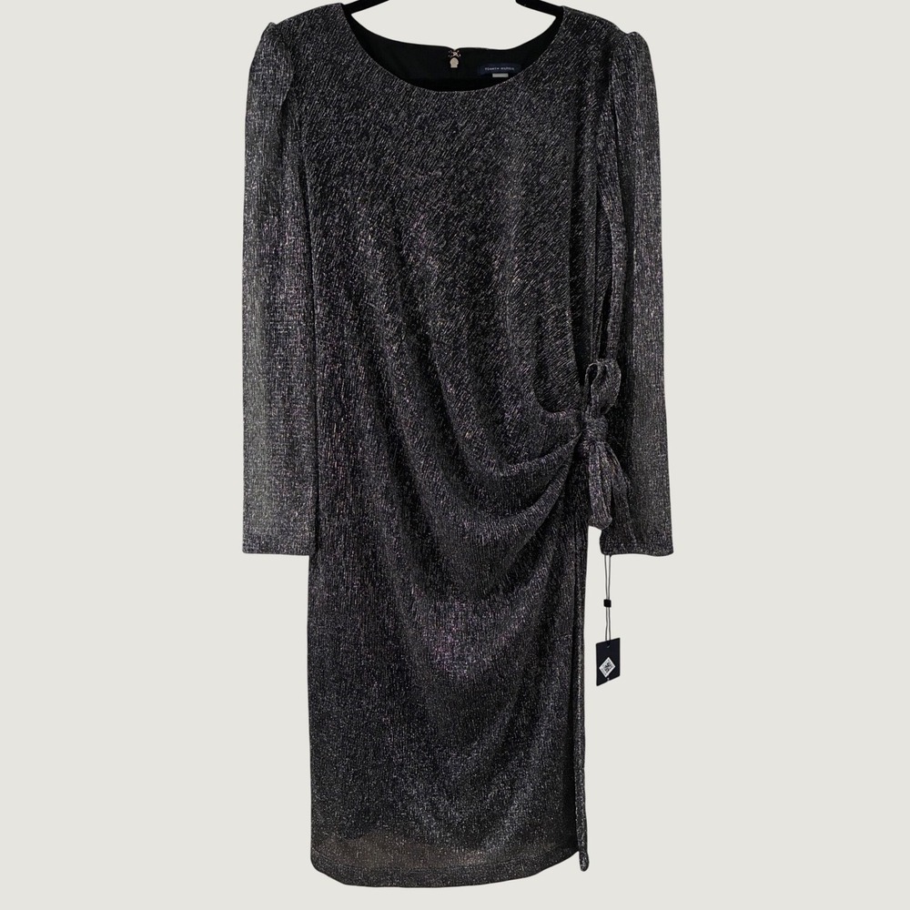 Tommy Hilfiger Holiday Metallic Sheath Dress Gunmetal Purple Side Tie NWT 16